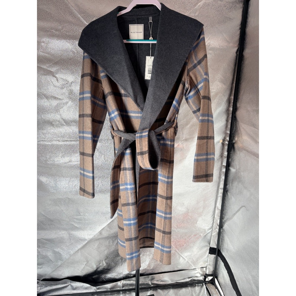 Tahari Cathedral/Mirage Blue Wallace Plaid Wool Blend Coat Sz L 0040